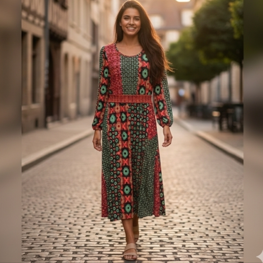 Aldo Martins Patchwork Geometric Long Sleeve Midi… - image 1